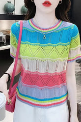 Short Sleeve Colorful Striped Knitted Slim Shirt